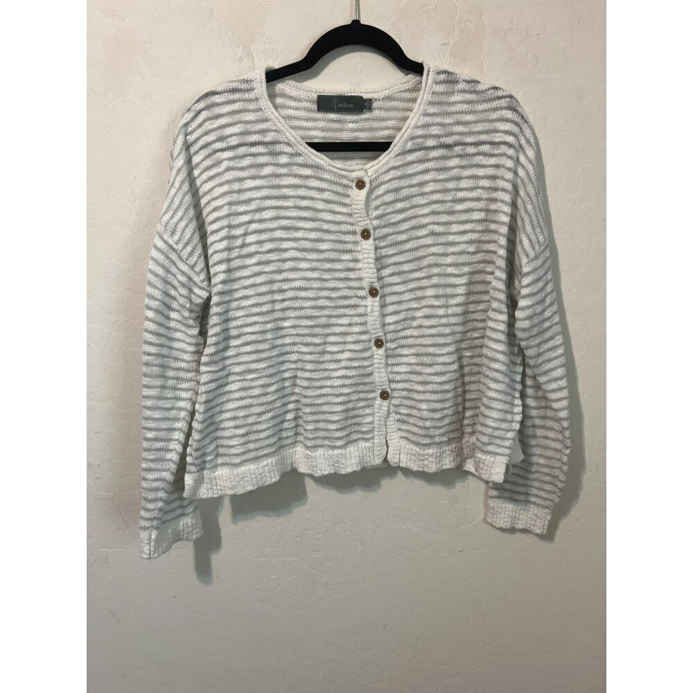 Willow XL Grey and White Cardigan Wood Buttons Slub Cotton Button Up Sweater